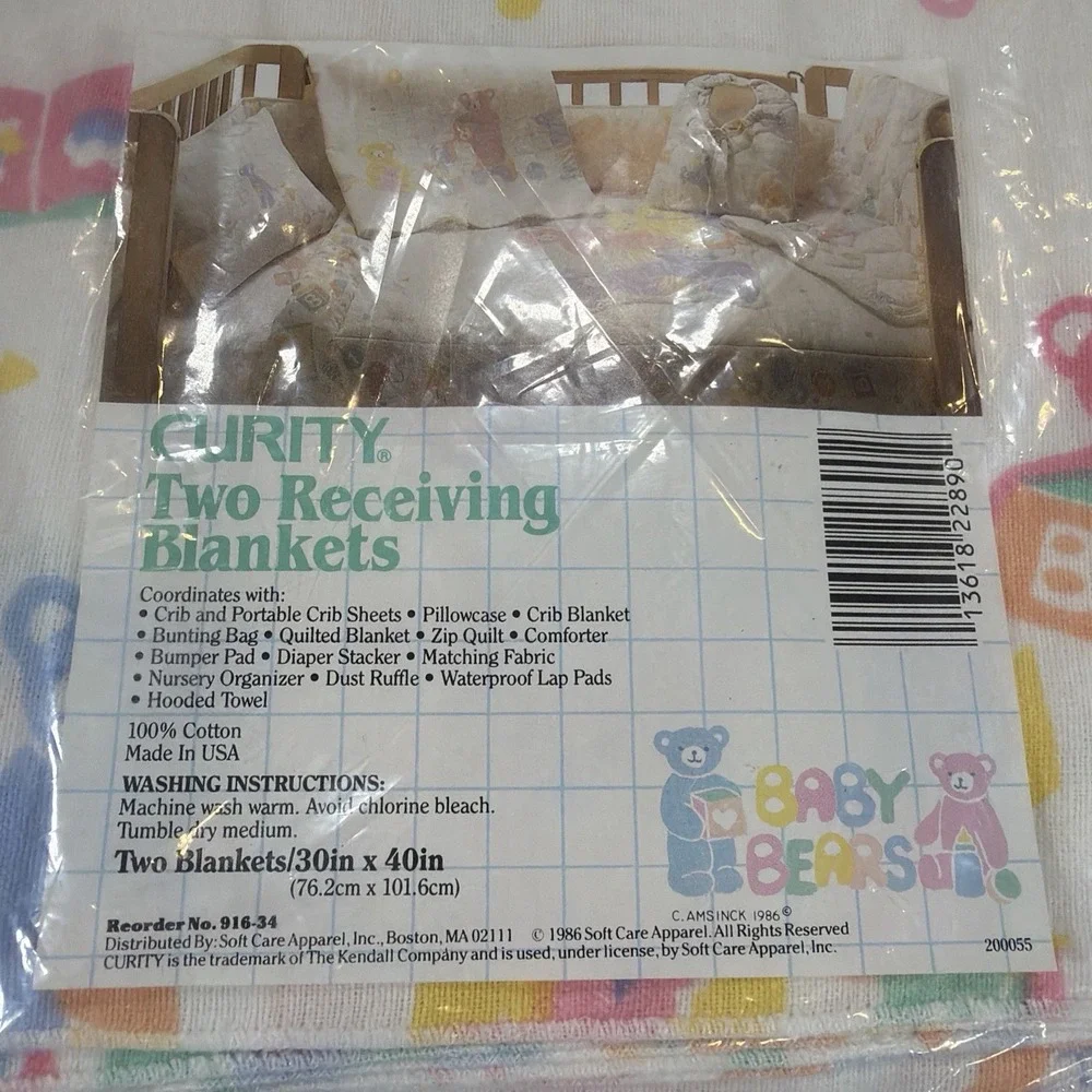 Vintage 1986 Curity Baby Bears Receiving Blankets Set 2 NOS Cotton Made USA